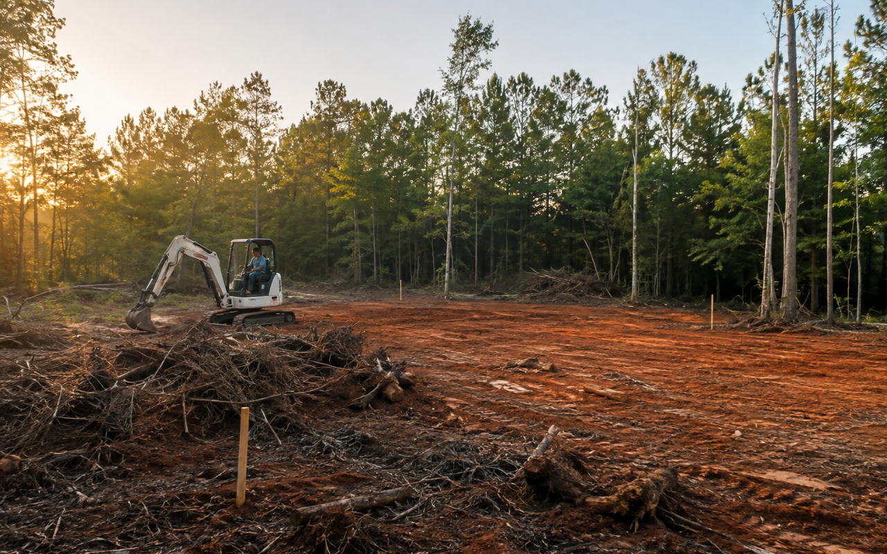 lot clearing service in Alabama removing heavy brush from a residential property
