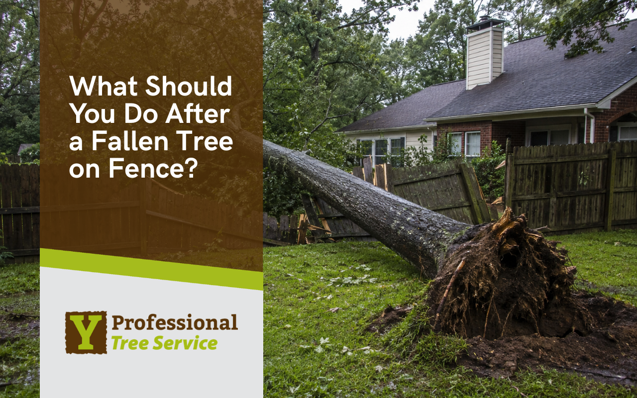 tree crew inspecting fallen tree on fence in Alabama