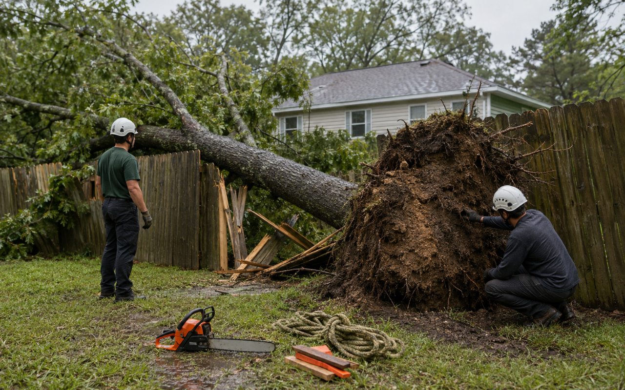 fallen tree on fence in Alabama after storm damage