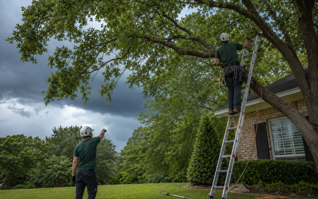 Tree care team checking branches during hurricane preparation in Alabama