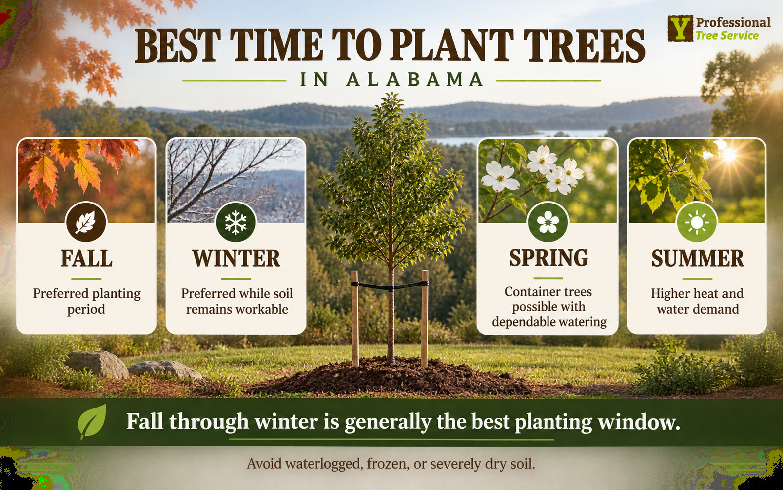 Seasonal guide comparing fall, winter, spring, and summer conditions for planting trees in Alabama.
