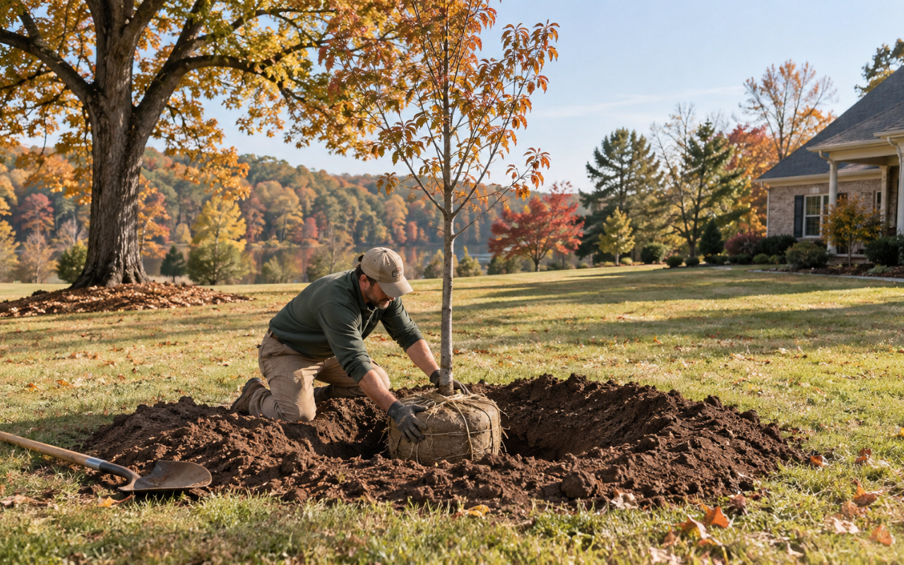 Fall tree planting in Alabama with proper spacing and root placement 