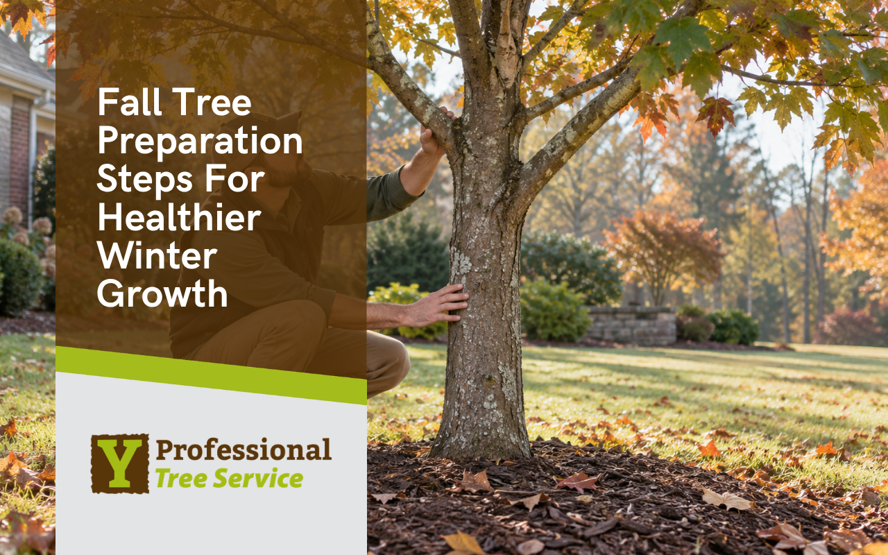 Fall tree preparation with seasonal inspection of branches, trunk, and root area