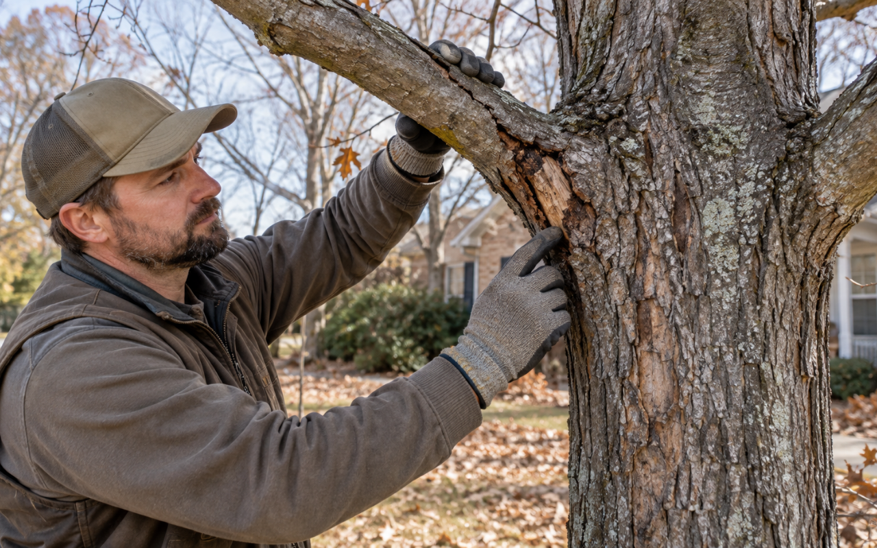 Tree inspection before winter checking branches, bark, and visible damage