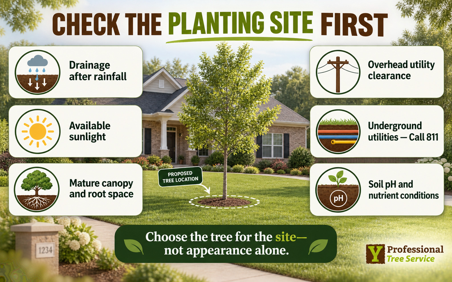  Tree planting site checklist covering drainage, sunlight, mature size, utility clearance, underground lines, and soil conditions.