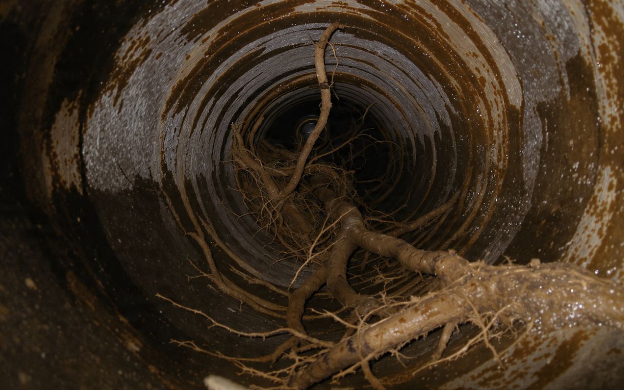 Camera inspection showing tree roots in sewer line signs
