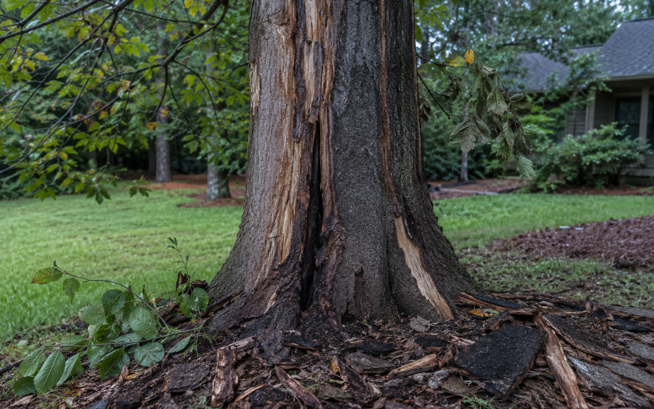 hidden tree damage signs after lightning struck a tree in Alabama
