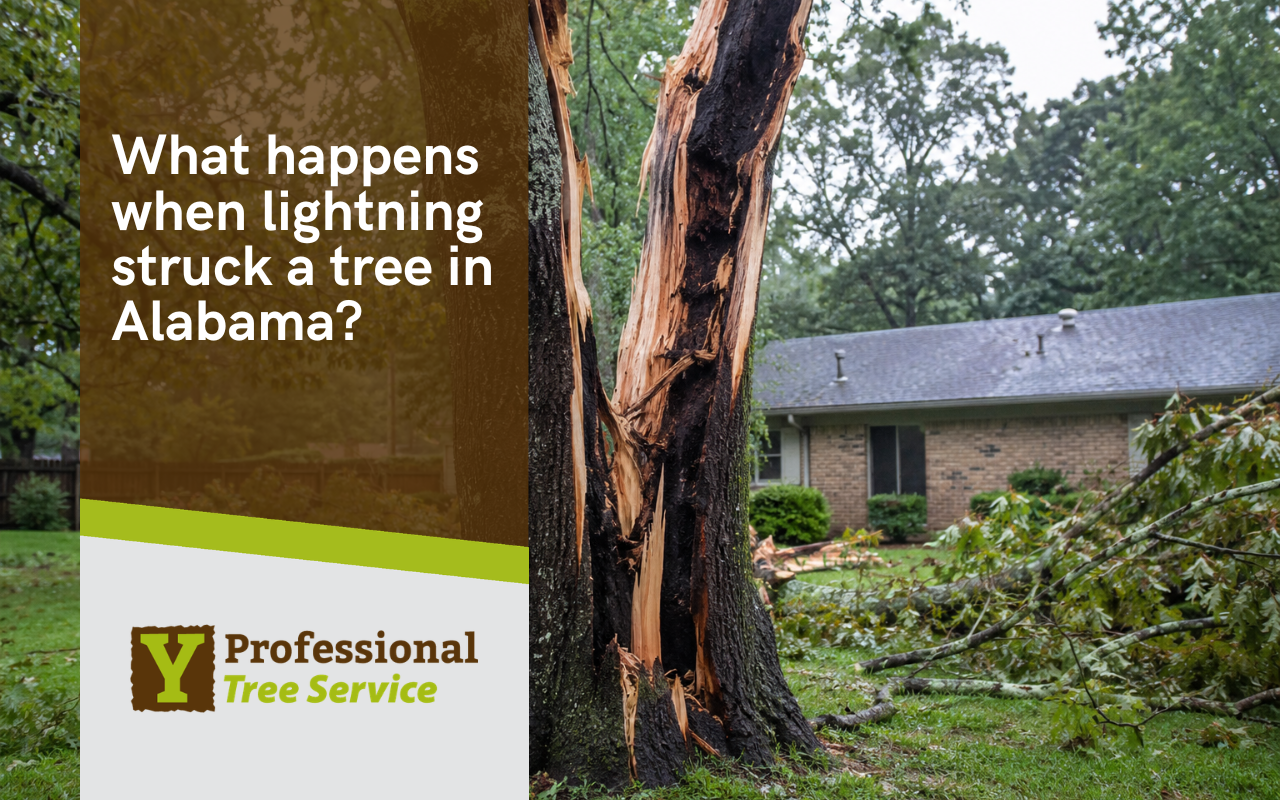 lightning struck a tree in Alabama with a split trunk after storm damage