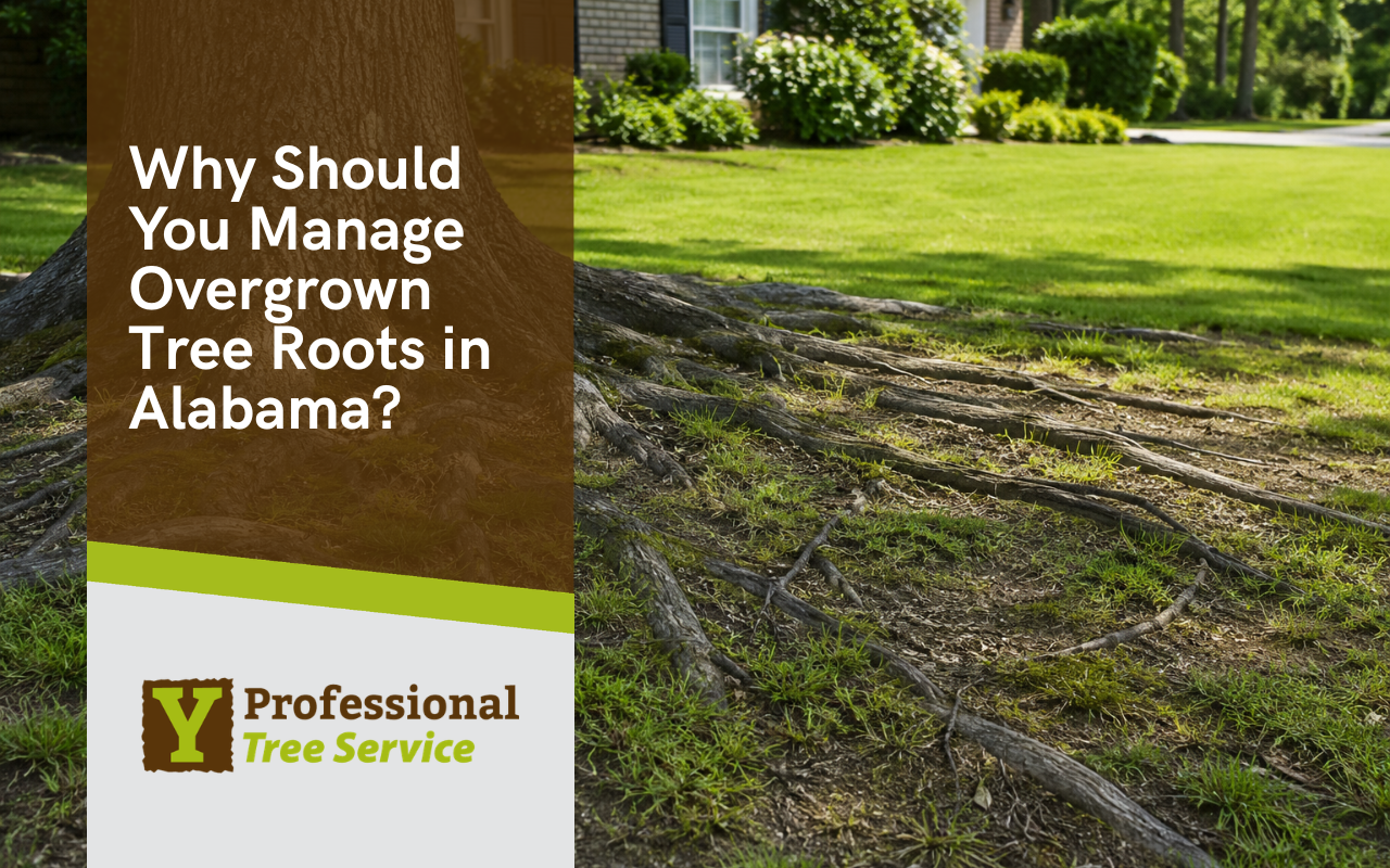 Overgrown tree roots in Alabama lifting a sidewalk near a yard