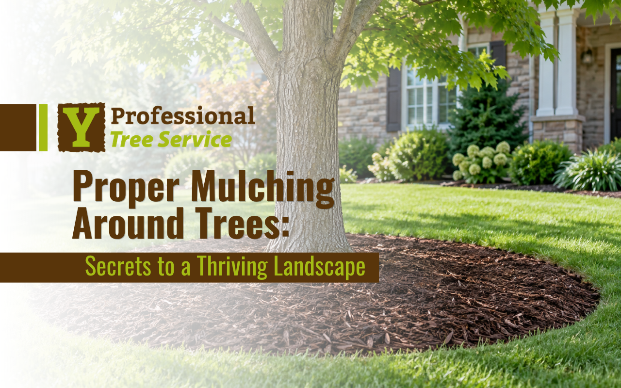 : Proper mulching around trees with a wide, shallow ring and an uncovered trunk base.