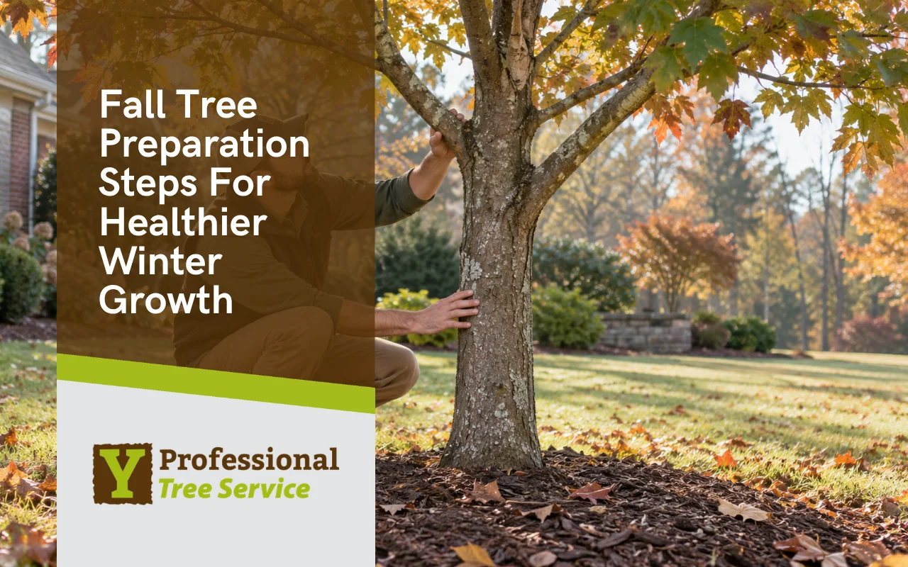 Fall tree preparation with seasonal inspection of branches, trunk, and root area