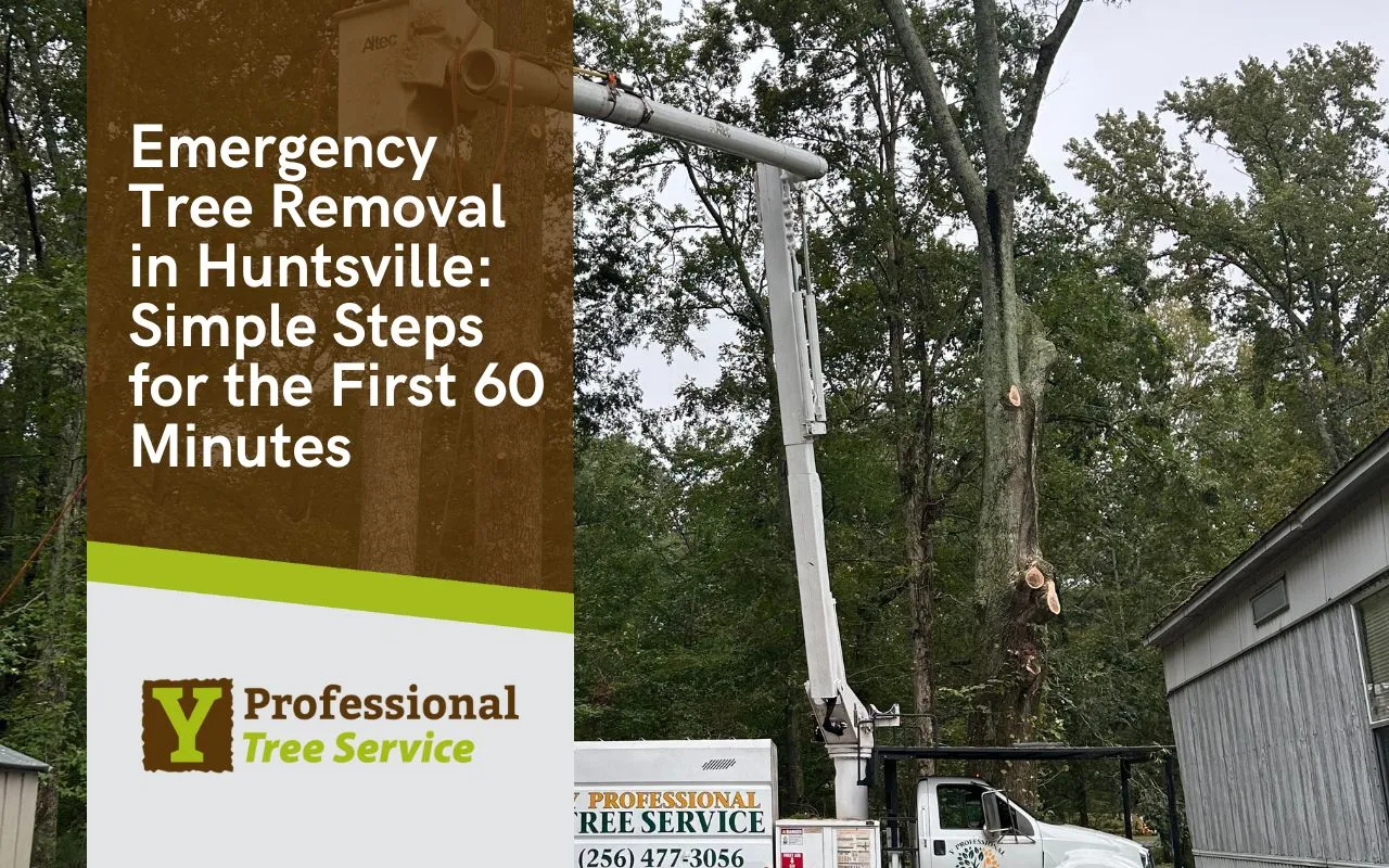 Emergency tree removal in Huntsville, AL with a crew clearing a fallen tree from a backyard after a storm.