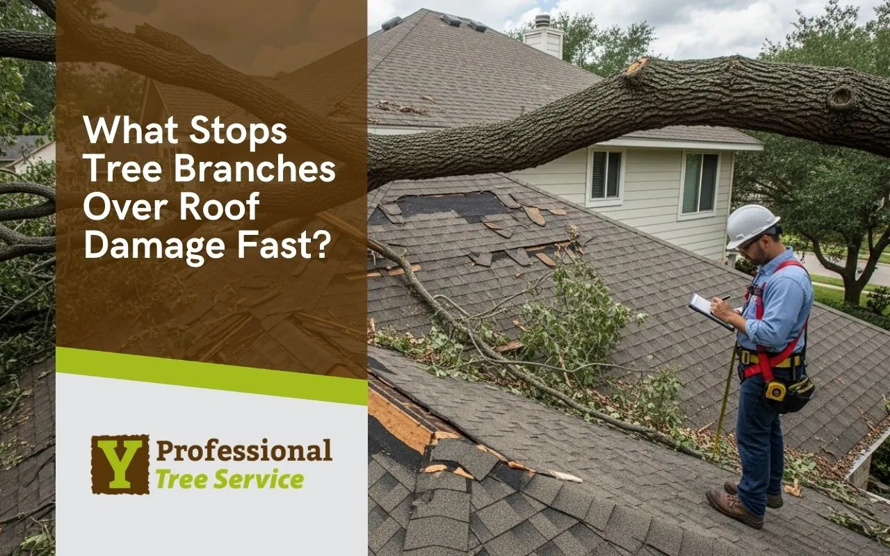 Tree branches over roof damage inspection near a home roof