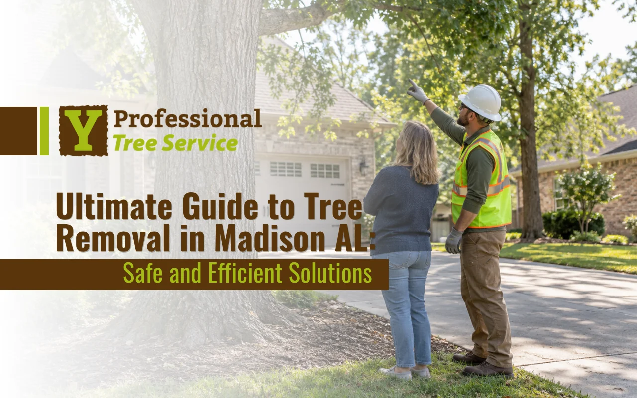 Property assessment before tree removal in Madison AL near a home and driveway.